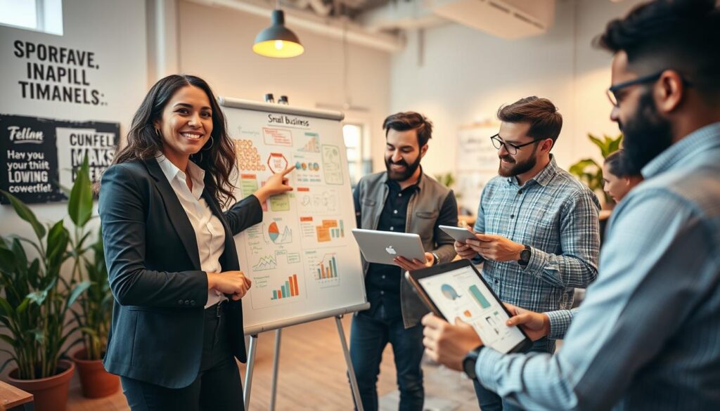 A creative workspace featuring a diverse group of entrepreneurs brainstorming innovative small business ideas with minimal competition. In the foreground, a confident woman in professional attire points at a whiteboard filled with colorful notes and diagrams. In the middle, two men—one sketching on a tablet and the other analyzing market data on a laptop—collaborate with enthusiasm. The background reveals a well-lit, modern office space adorned with plants and inspirational quotes. Soft, warm lighting creates an inviting atmosphere. The camera angle captures a dynamic, engaging scene, emphasizing teamwork and creativity while conveying a sense of opportunity and optimism for small-scale businesses.