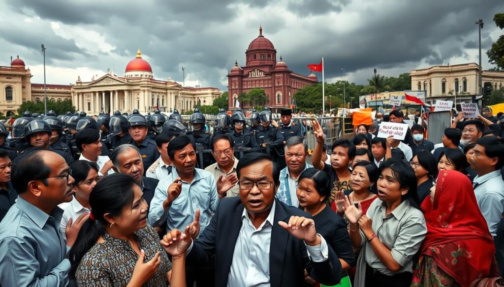 A tense political conflict scene in Indonesia, depicted in a bustling urban setting. In the foreground, diverse groups of people dressed in professional business attire and modest casual clothing, passionately debating and gesturing, showcasing a range of emotions from anger to determination. The middle ground features a police presence, maintaining order with riot gear and barricades, while a crowd of protesters holds signs. The background shows iconic Indonesian architecture and a cloudy sky, hinting at an impending storm, both literally and metaphorically. The lighting is dramatic, casting shadows that emphasize the tension in the scene. The mood is intense, capturing the essence of political strife and the quest for resolution.