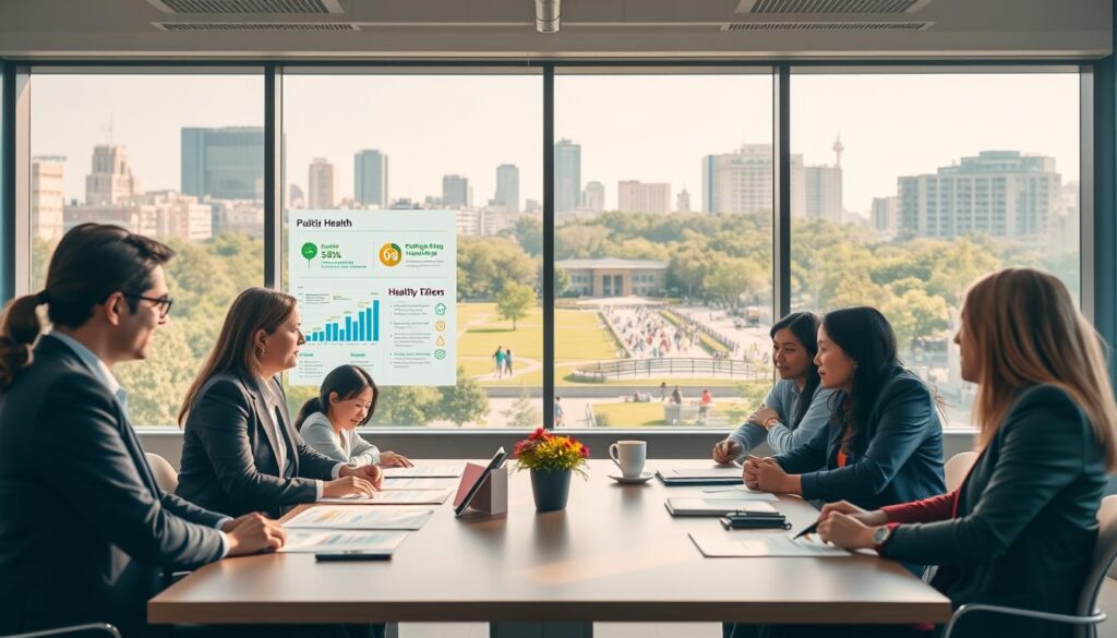 A vibrant and engaging scene illustrating effective public health strategies. In the foreground, a diverse group of professionals in business attire collaborates around a large table, discussing health data and community health initiatives. The middle ground features a digital wall display showing graphs, infographics, and healthy lifestyle tips. In the background, a bright, modern cityscape with green parks and families enjoying outdoor activities emphasizes community well-being. Soft natural lighting filters in through large windows, creating an inviting atmosphere that conveys teamwork and hope. The angle is slightly elevated, providing a clear view of the collaboration and the urban setting, evoking a sense of positive change and community engagement in public health. The overall mood is proactive and optimistic.
