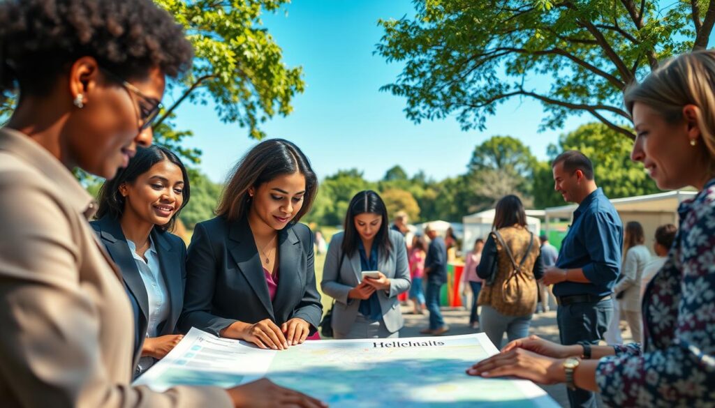 A vibrant scene depicting a public health organization in action. In the foreground, a diverse group of professionals in smart business attire collaborates over a large map, discussing health initiatives. In the middle ground, a community health fair is underway with various booths showcasing health information, nutrition advice, and wellness programs, attended by families and individuals. The background features a clear blue sky and green park, symbolizing a healthy environment. Soft, natural lighting creates an inviting atmosphere, while a slight depth of field focuses on the professionals and community members interacting. The mood is one of collaboration, support, and active engagement in public health.