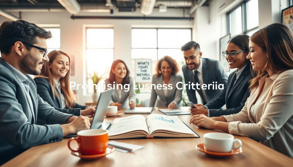 A visually engaging image representing "Promising Business Criteria" for small investment opportunities. In the foreground, a diverse group of professionals, dressed in smart business attire, is gathered around a table, analyzing graphs and charts on a laptop. In the middle, an open notebook with key strategic notes visible, alongside coffee cups that symbolize productivity. The background features a bright, modern office space with large windows that let in natural light, creating an inspiring atmosphere. Soft focus on elements like plants and motivational posters enhances the mood of ambition and opportunity. The lighting is warm and inviting, highlighting the collaborative spirit of entrepreneurship. The angle is slightly overhead, capturing the dynamic interactions among team members.