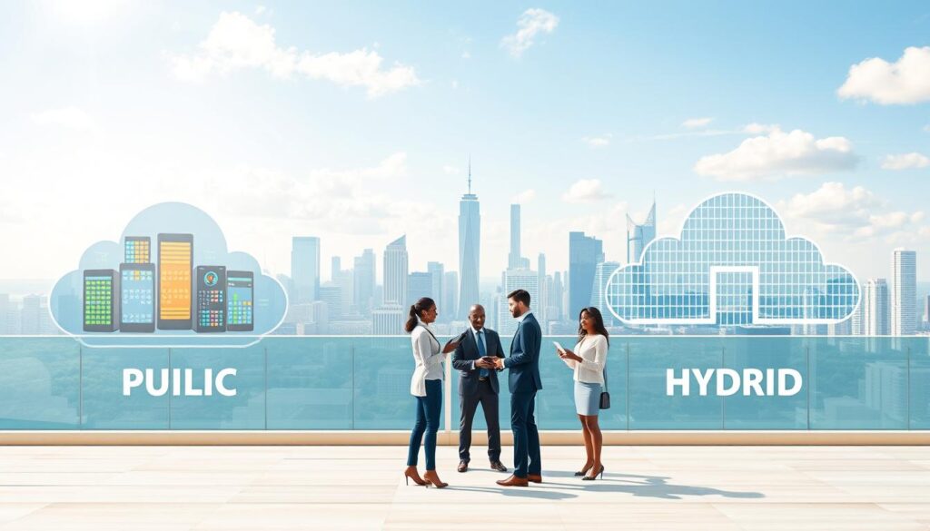 A clear and informative comparison of public, private, and hybrid cloud technologies for a modern business audience. In the foreground, illustrate three distinct cloud environments: a public cloud with vibrant data centers connected through cloud symbols, a private cloud represented by secure servers behind a firewall, and a hybrid cloud marked by a seamless integration of both. In the middle ground, depict a diverse group of professionals in business attire discussing strategies, with digital devices in hand, reflecting collaboration in cloud technology. The background should feature a futuristic city skyline under a bright, optimistic sky, symbolizing innovation and growth. Utilize bright, natural lighting to create a dynamic and inviting atmosphere. The composition should emphasize clarity and organization, inviting viewers to explore their cloud options.
