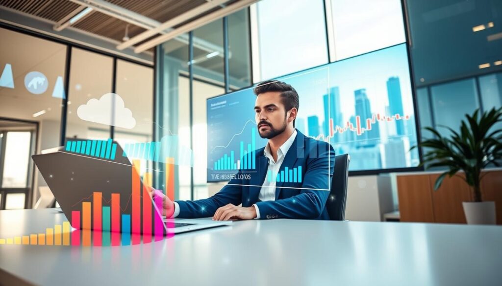 A modern office environment with a professional man in a smart casual outfit sitting at a sleek desk, analyzing cloud computing data on a laptop. In the foreground, colorful graphs and charts float around him, illustrating the benefits of cloud computing in enhancing business efficiency. In the middle, a large digital screen displays real-time data and analytics. The background showcases a bright, well-lit office with large windows revealing a cityscape, symbolizing growth and innovation. Soft natural lighting illuminates the scene, creating a motivating and dynamic atmosphere. The angle is slightly overhead, providing a comprehensive view of the man engaged with the cloud technology, emphasizing productivity and collaboration.